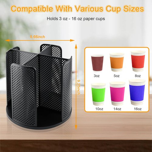 ceiiseaon Rotatable Cup and Lid Holder, Coffee Cup Dispenser for Countertop with 4 Compartments, Paper Cup Storage Holder, for Countertop Bathroom Kitchen Bedroom Coffee Shop
