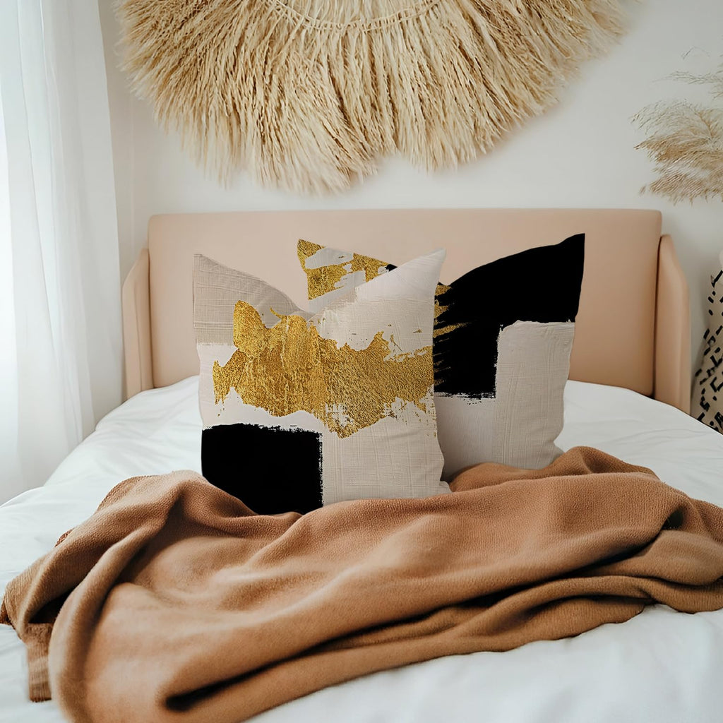 KAIOUS Black and Gold Pillow Covers, Black Gold Beige Decorative Throw Pillow Covers for Couch Sofa Bed Living Room Bedroom 18x18 Inches Set of 2