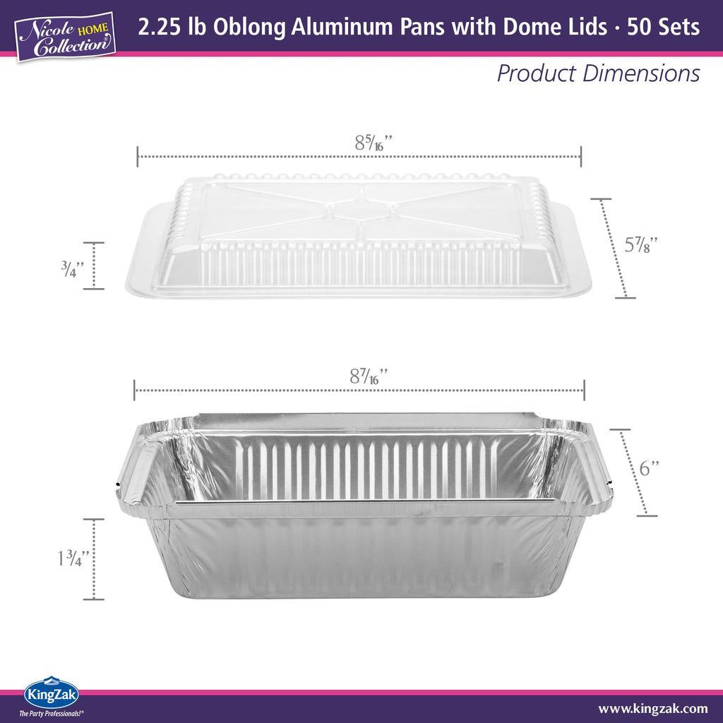 Aluminum Pans With Plastic Dome Lids - 50 Count - 2.25LB (8.5"x6") Oblong Pans - To Go Containers With Lids - Disposable Tin Foil Pans - Perfect For Catering, Meal Prep, Baking, Freezer Safe