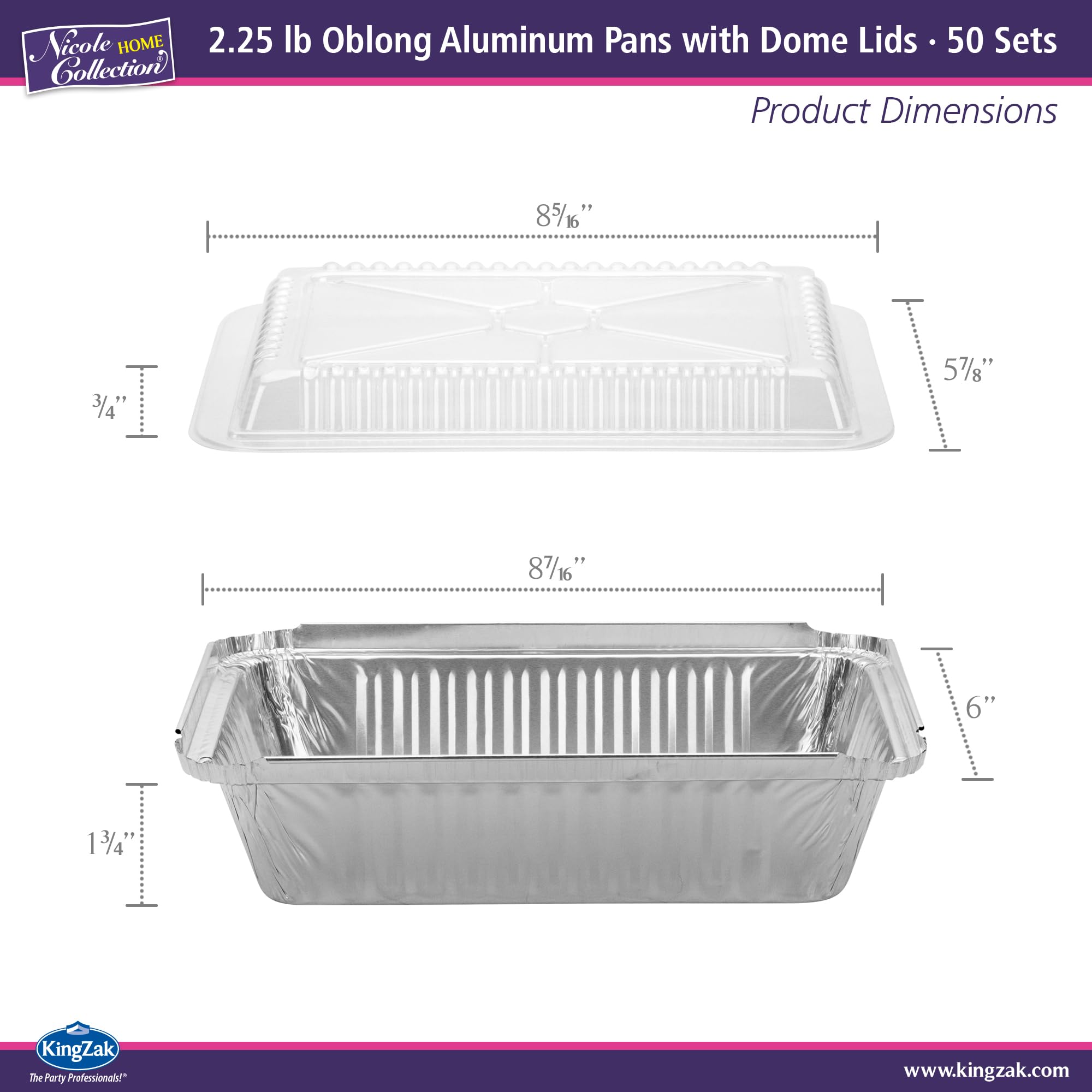Aluminum Pans With Plastic Dome Lids - 50 Count - 2.25LB (8.5"x6") Oblong Pans - To Go Containers With Lids - Disposable Tin Foil Pans - Perfect For Catering, Meal Prep, Baking, Freezer Safe
