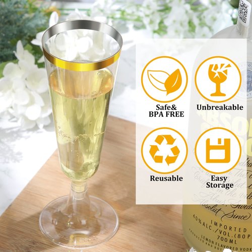 150 Pcs Gold Plastic Champagne Flutes - Clear Disposable Crystal Wine Glasses for Wedding Toasting, Party Cocktail Cups