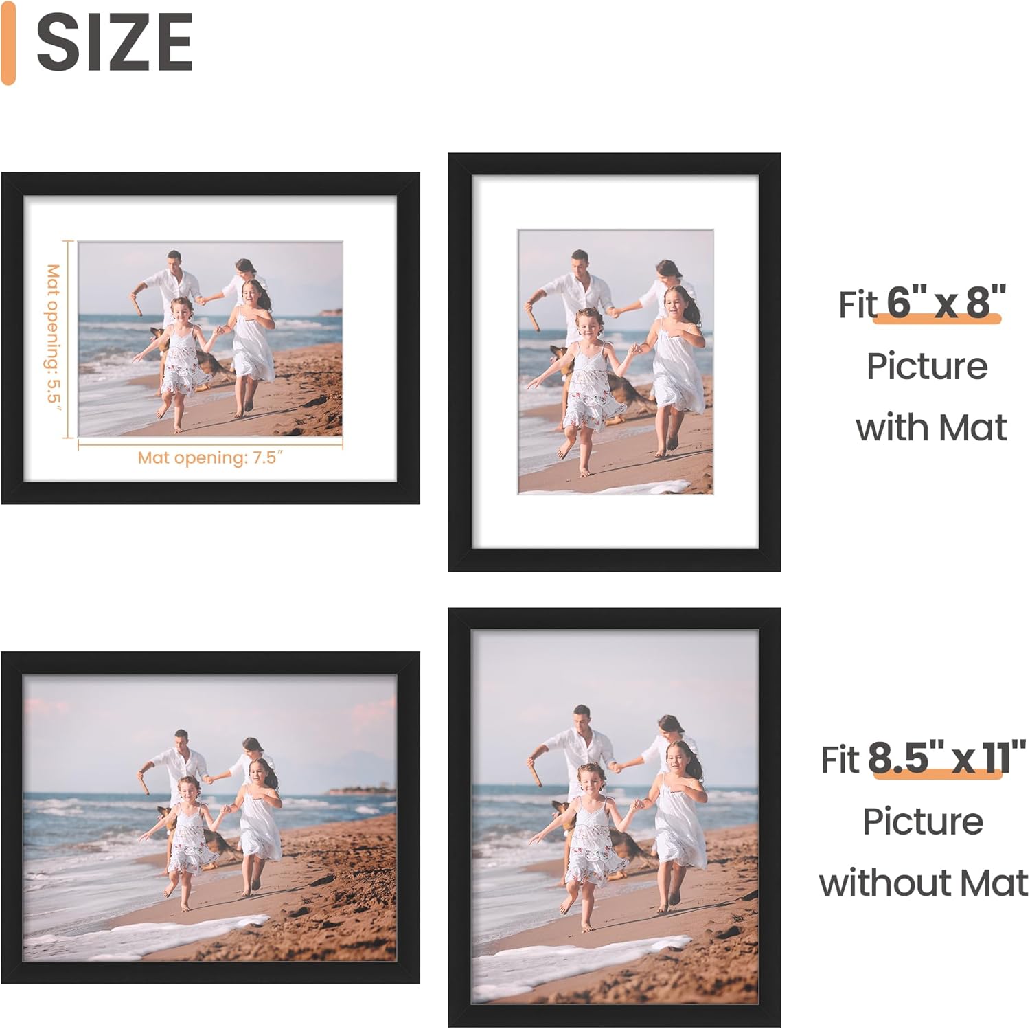 Upsimples 8.5x11 Picture Frame - Versatile Display for 6x8 Photos with Mat or 8.5x11 Without - Black, 1 Pack