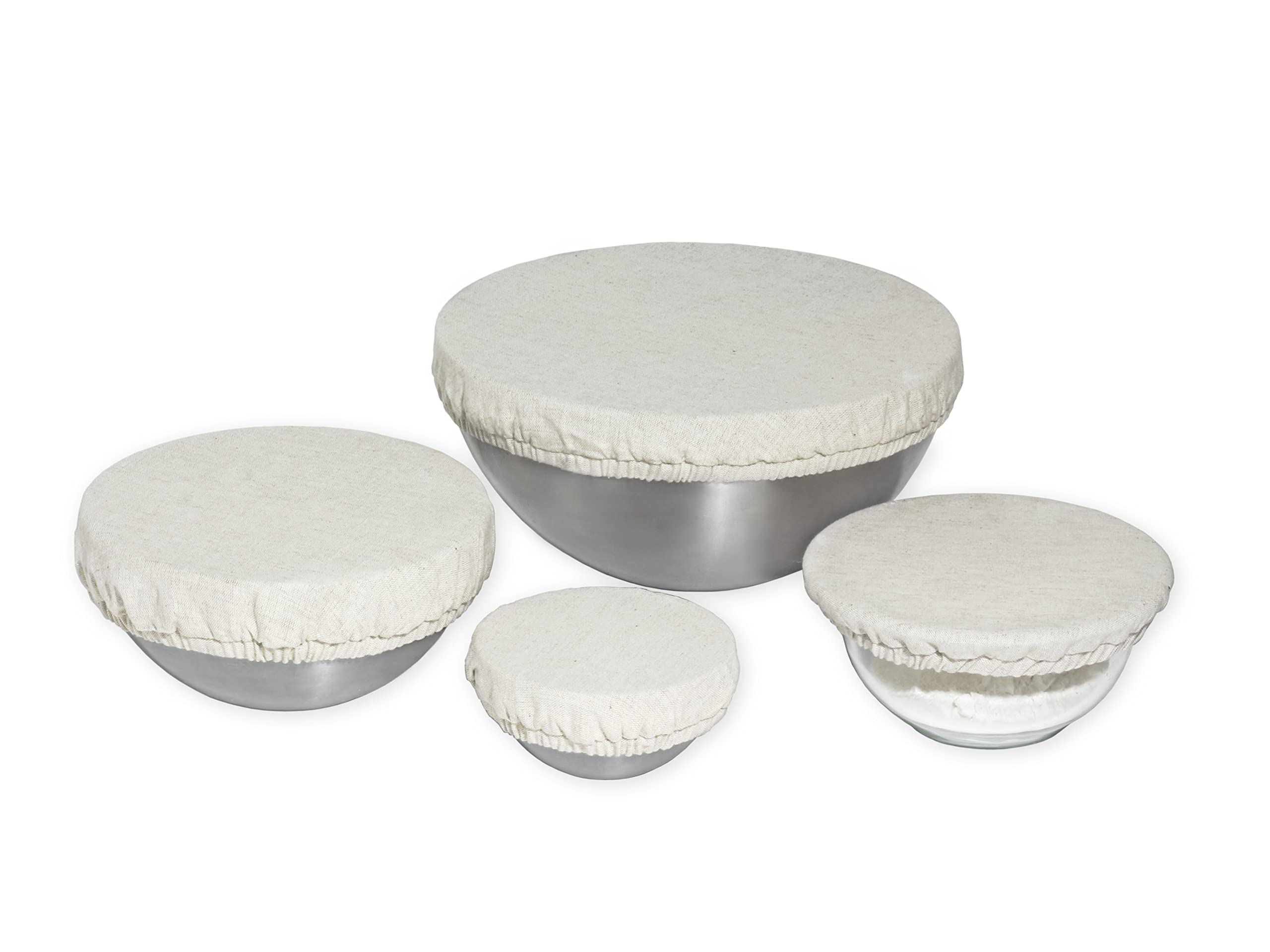 Reusable Fabric Bowl Covers for Bread Proofing - Washable, Dye-free, and All-Natural 100% Linen Cloth Bowl Covers for Bread Rising - Elastic Closure to Fit Multiple Bowl Sizes (1 XL, 1 L, 1 M, 1 S)