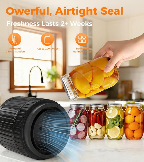 HOMILEN Electric Mason Jar Vacuum Sealer Kit - 2 Modes for Vacuum and Fast Marinade, 10 Sealing Lids - Preserve Freshness Efficiently, Ideal for Canning Jams, Pickles, Dry Foods, Grains Storage