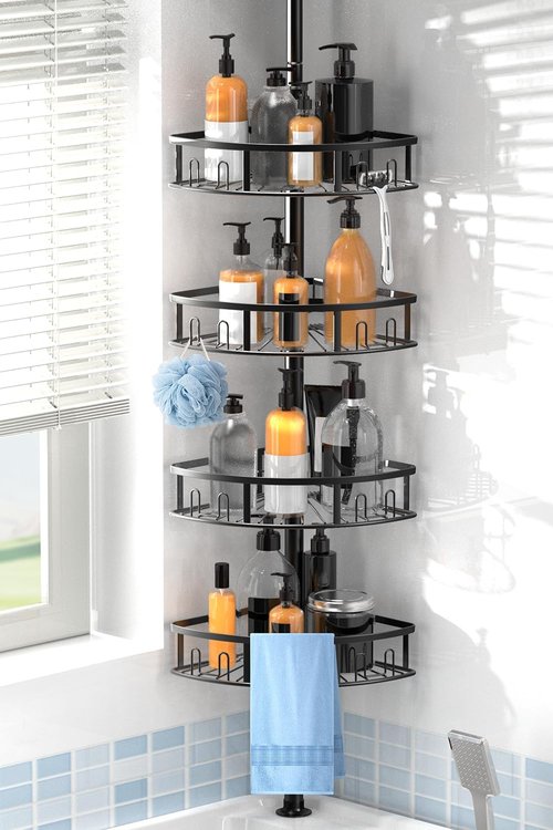 4-Tier Rustproof Corner Shower Caddy by [Brand Name] - Adjustable Height 42-115 Inch Bathroom Organizer | Black Shelves with Hooks