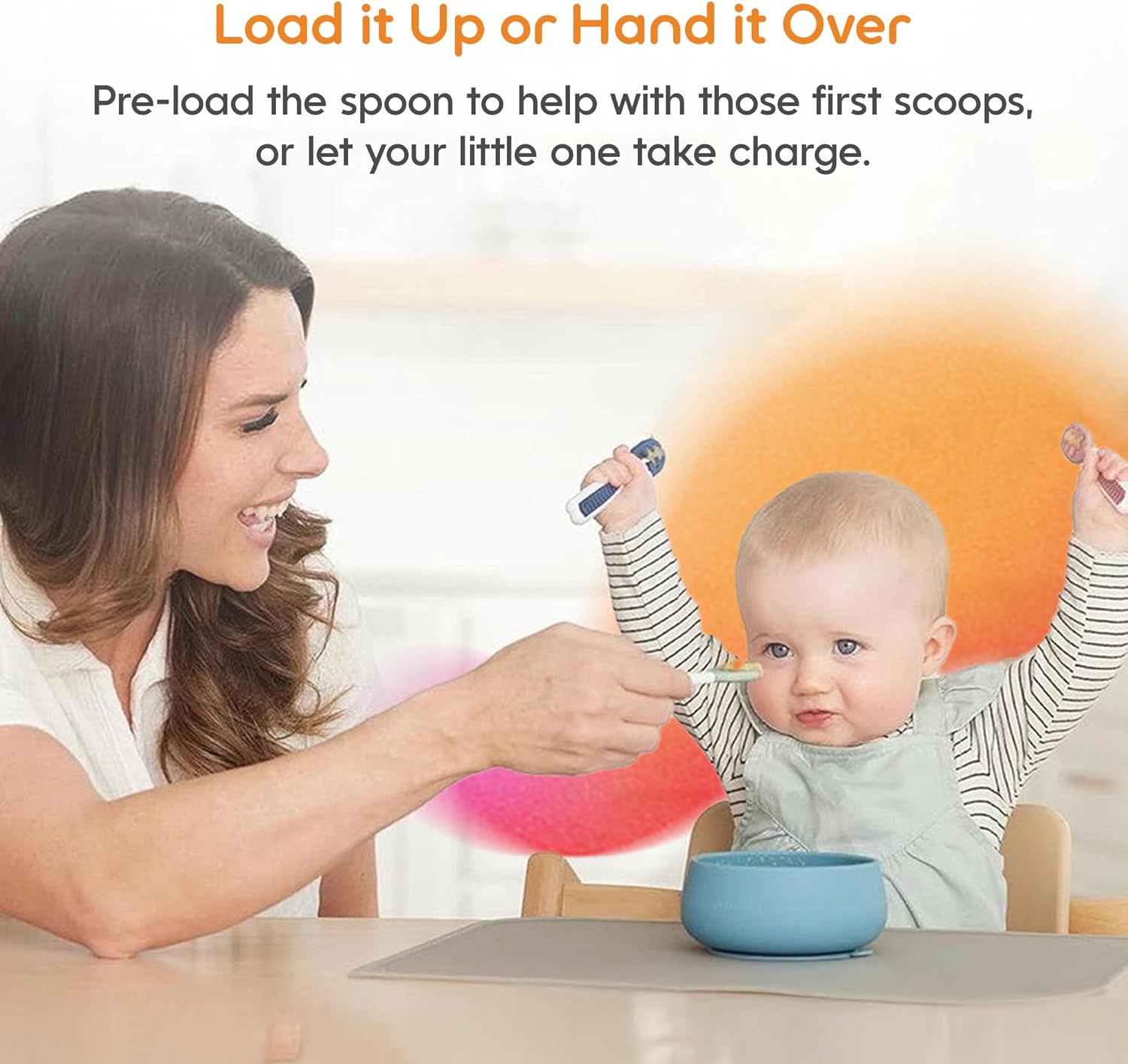 NumNum Baby Spoons Set - Pre-Spoon GOOtensils for Self-Feeding | BPA-Free Silicone Utensils, 2 Pack Blue/Orange