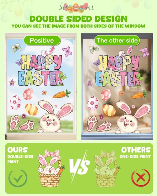 JMHACHY Easter Window Clings - 9 Sheets 103 Pcs Reusable Easter Bunnies Decorations for Home Office, Rabbits Eggs Stickers for Glass, Double-Sided Large Window Decals