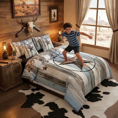 Western Texas Star Sheet Sets 7 Piece, Rustic Farmhouse Comforter Set Queen Size, Retro Cowboy Bedding Set For Kids Teens Adult Men Bedroom, Country Wooden Door Bed In A Bag Western Home Decor