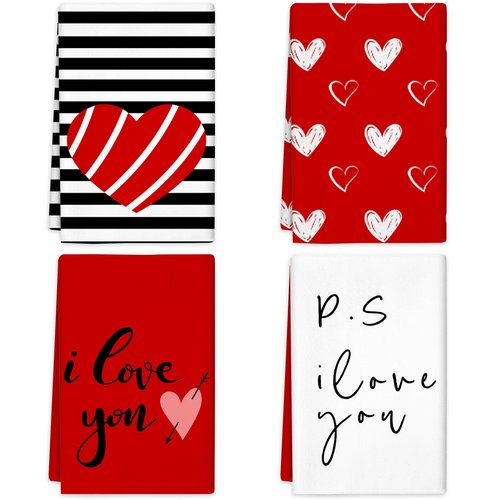 Valentines Day Kitchen Towels Cute Hand Towels for Bathroom Valentine Dish Towel 4 Pcs Dwarfs with Love Heart Reusable Tea Towel Holiday Farmhouse Wedding Anniversary Kitchen Gift for Home Wall Decor