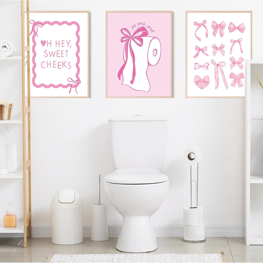 Whaline 6Pcs Pink Bow Bathroom Wall Art Prints - Coquette 8x10 Inch Unframed Decor for Washroom