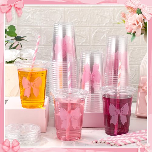 Sliner 50 Pcs 16 oz Coquette Disposable Plastic Cups with Straw for Party Supplies Bow Cups Birthday Wedding Bridal Engagement Party Drinkware Baby Shower Decoration (Pink Bow)