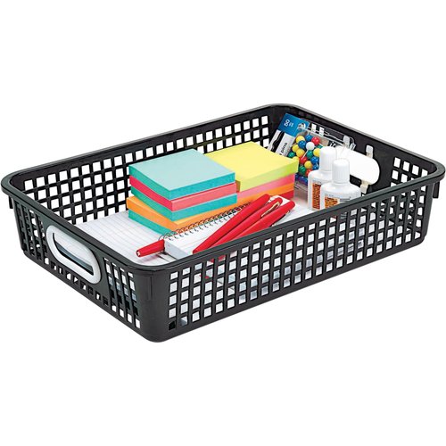 Really Good Stuff Small Plastic Paper Baskets, 14" x 10" x 3.25", 12 Pack, Black, Plastic Mesh Baskets for Classroom, Home, and Office, Fits A4 Paper, Documents, Files, Magazines