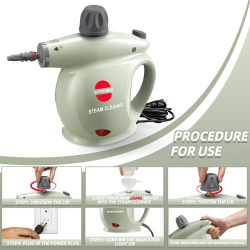 Outspurge Handheld Steam Cleaner, Pressurized Multi-Surface Steam Shot with 13 Accessories, Safety Lock, Steamer for Cleaning Floor, Upholstery, Grout, Windows, Couch and Car, Green