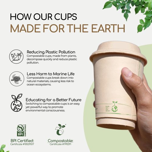 Living Balance Certified Compostable Coffee Cups with Bagasse Lids 12 oz – 75 Pack Cups with Stirrers & Integrated Sleeves | Leak Proof, BPA-Free & CPLA Certified Plant-based | To-Go cup for Drinks