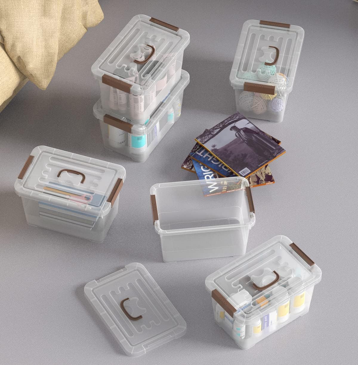 WYT 7 Quart Clear Storage Bins - Stackable Plastic Latch Boxes with Brown Handle | 6-Pack
