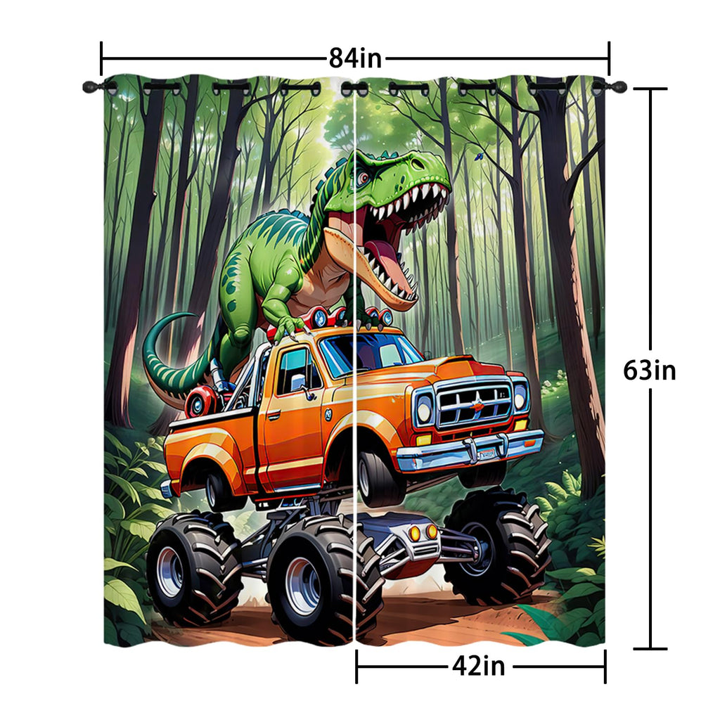 AILONEN Cartoon Truck Dinosaur Window Curtain,Kawaii Dinosaur Drapes Curtains for Bedroom Living Room for Boys Kids,Tropical Wildlife Window Treatments Drapes, 42" W x 63" H (2 Panels)