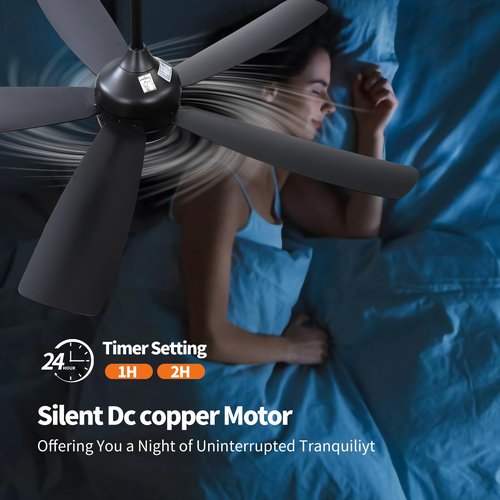52 Inch Black Ceiling Fans with Lights, Modern Ceiling Fan with Remote Outdoor Ceiling Fan for Bedroom, Living Room, Flush Mount Memory Low Profile 3CCT LED Lights Kit, Easy and Fast Installation