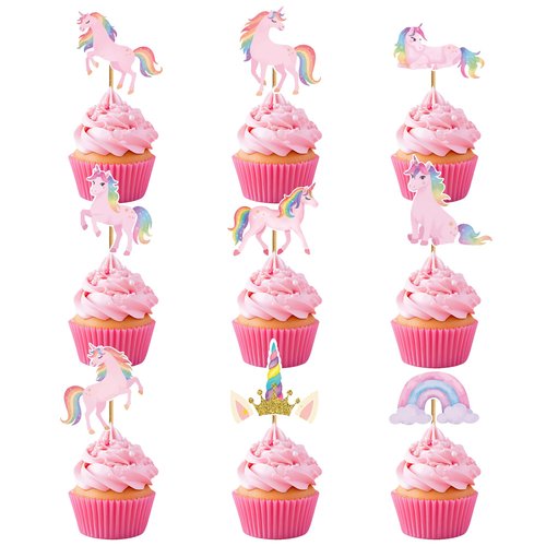 36pcs SENSUNIQ Rainbow Unicorn Cupcake Topper, Birthday Party Cake Decoration, Rainbow Cupcake Toppers Decorations for Girls Women Birthday, Christmas, Xmas, New Year Party Supplies