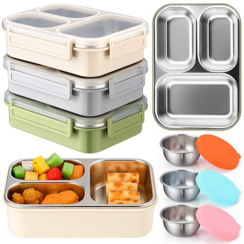 Ferrochef 3 Pack Stainless Steel Lunch Boxes 25 oz 3 Compartment Metal Bento Box with 3 Pcs Condiment Containers and Leakproof Lids for Office Outdoor and Gym, Dishwasher Safe
