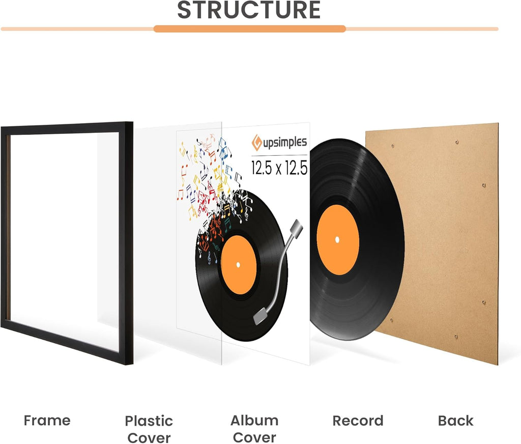 Upsimples Vinyl Record Frame - 12.5x12.5 Inch Album Cover Display - Black, Set of 4 for Home Decor