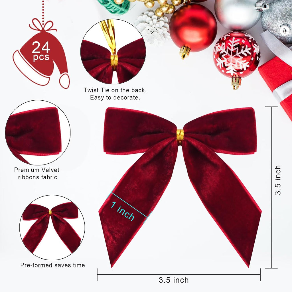 Tsorode Burgundy Velvet Bows - 24 Pcs Dark Red Christmas Tree Ornaments | Rustic Holiday Decor, 3.5 x 3.5 Inch