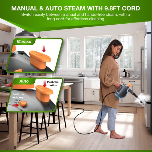 Gearwiz Handheld Steam Cleaner with Detergent Container – 1250W High-Pressure Multipurpose Steamer – Continuous Steam Lock, Large Tank, Safety Lock – for Home, Kitchen, Bathroom, Car Cleaning