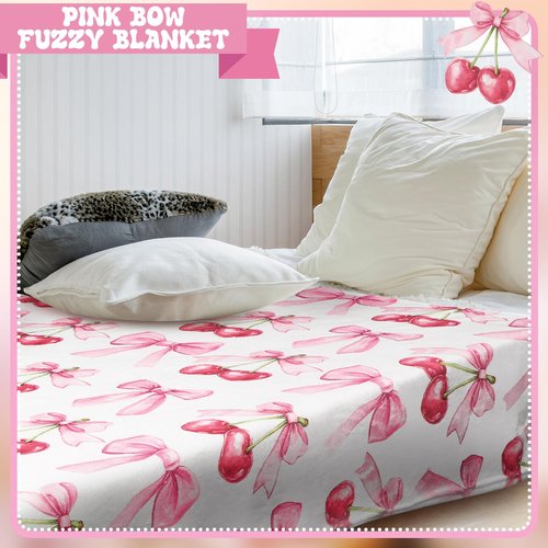 HunnmingRe Pink Bow Cherry Blanket Coquette Soft Flannel Lightweight Blanket Bows Aesthetic Preppy Cute Fuzzy Room Decor for Spring Mother's Day Bedroom Sofa Travel Bed, 50 x 60 Inch