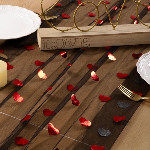 DeZerlor Black Table Runner Heart Sequin Cheesecloth Gauze Sheer Table Runner Glitter Metallic Foil for Wedding Bridal Shower Party Decorations