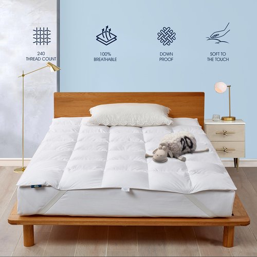 Serta White Goose Feather Down Bed Mattress Topper Queen Size - Plush Fluffy Anchor Bands Mattress Pad 240 Thread Count 100% Cotton Fabric Featherbed, 60"x80"
