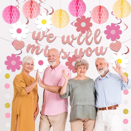 Roetyce Farewell Party Decorations Women, Pink We Will Miss You Banner Honeycomb Balls Hanging Swirls, Rose Gold Flower Theme Going Away Leaving Goodbye Party Supplies, Retirement Photo Background