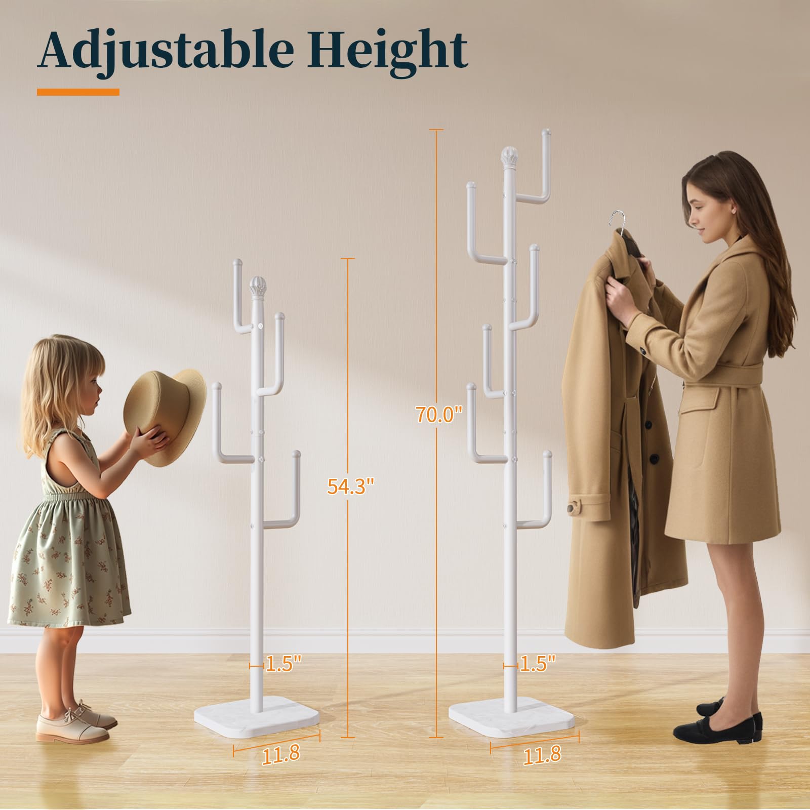 Yoobure Coat Rack Freestanding with Natural Marble Base - Cactus Coat Tree with 6 L-shaped Hooks, Heavy Duty Coat Hanger Stand, Metal Coat Rack Stand for Entryway, Hall Tree for Jacket/Hat/Clothes/Bag
