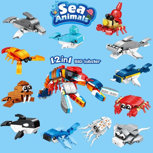JZILU 24 Packs Valentines Day Gifts for Kids with Sea Animal Building Blocks, Valentines Day Cards for Kids School Exchange, Bulk Valentines Toys for Boy Girls Classroom