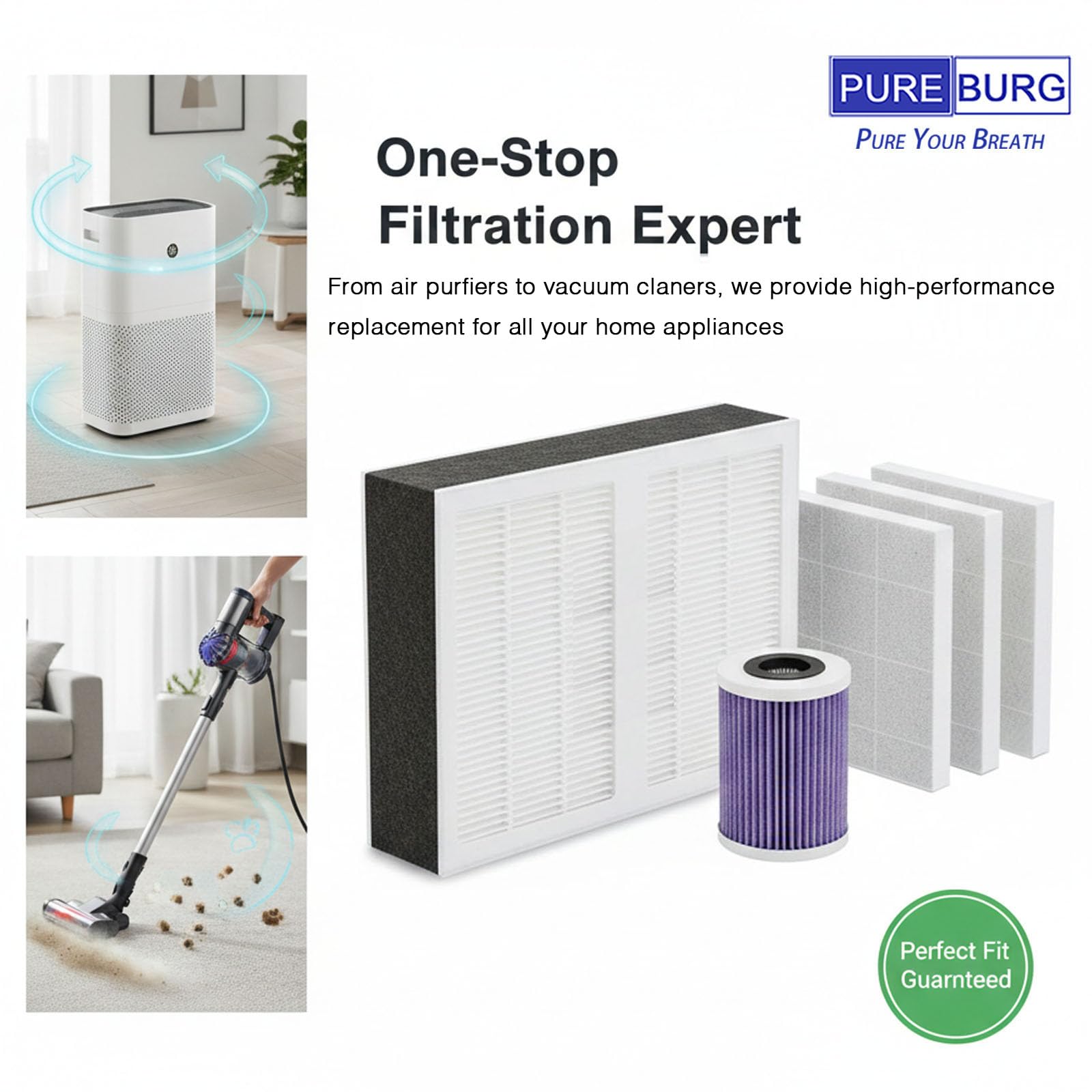 PUREBURG Replacement Filter Kit Compatible with Mila Air Purifier, H13 HEPA (with 2 filter Sock) Activated Carbon For Air Clean Dust VOCs Odor
