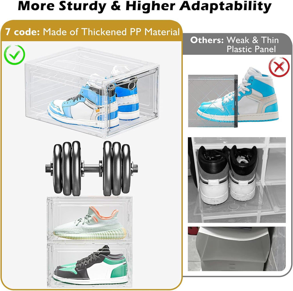 Skiennix Clear Shoe Storage Organizer - 12 Pack Stackable Plastic Boxes with Magnetic Doors | Space-Saving White Design