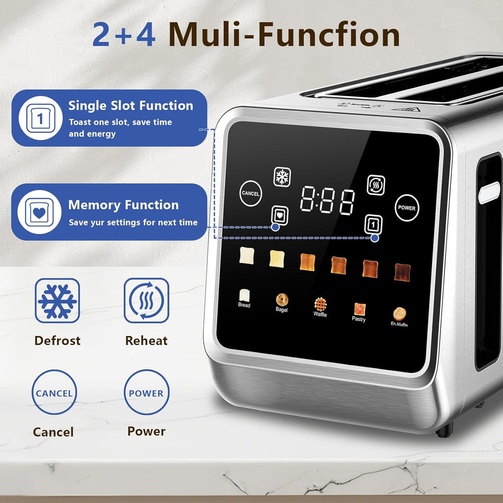 SAKAMOSH 4-Slice Smart Toaster - Touch Screen, 6 Browning Levels, Extra Wide Slots, Stainless Steel