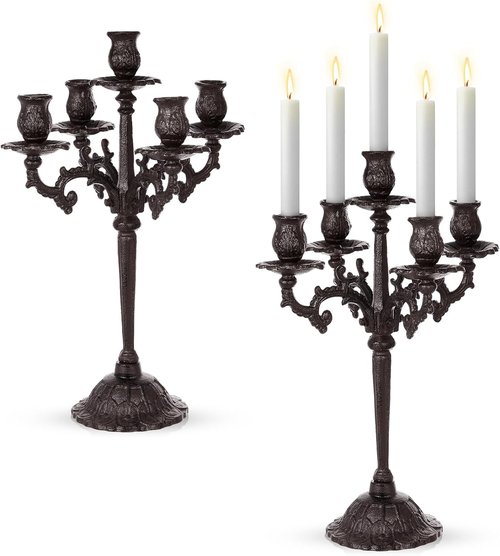 Mumufy 5-Arm Black Candelabra - Vintage Gothic Cast Iron Candlestick Holders | 16.7" Tall Decorative Centerpieces for Events