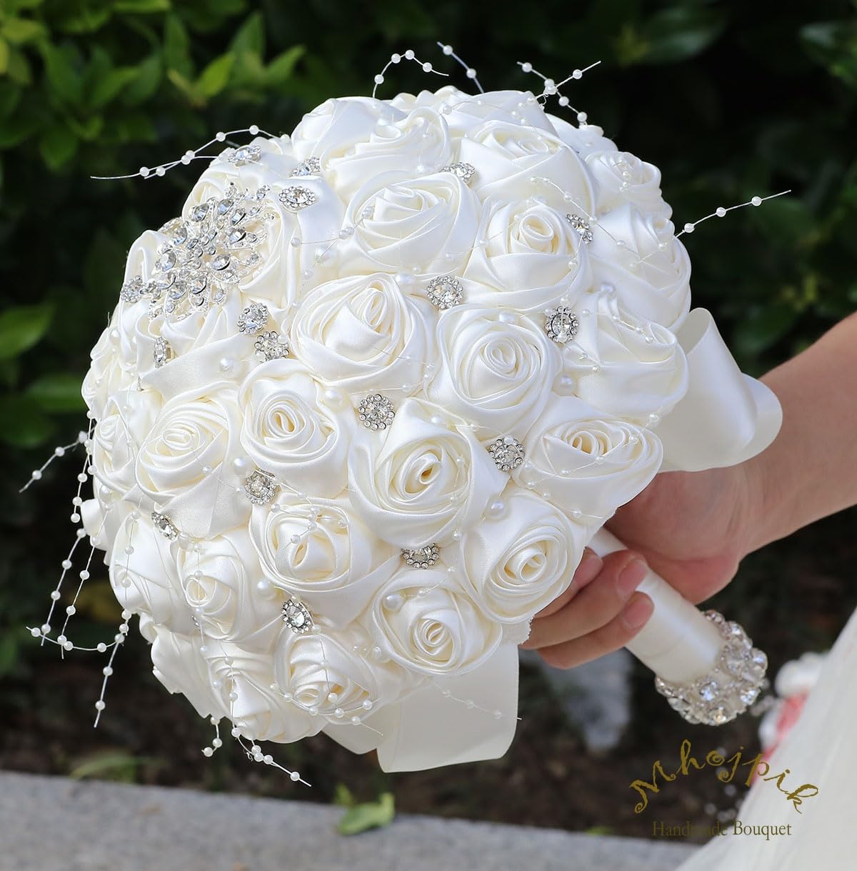 Mhojpik Bridal Wedding Bouquet Round Bling Brooch Holding Bouquet Artificial Rose Flower Bunch for Bride Bridesmaid Wedding Quinceanera(Ivory, 9.8")