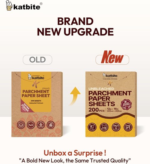 Katbite Unbleached Parchment Paper - 200 Precut Sheets, 12x16 Inches | Heavy-Duty Baking Paper for Cookies & Cooking
