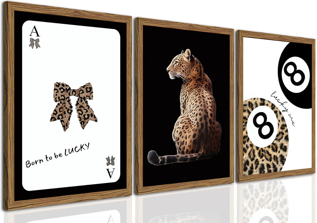 Trendy Cheetah Wall Art Set of 3 Black and White Leopard Bow Wall Decor Painting Lucky 8 Ball Poster Canavs Print Aesthetic for Bedroom Living Room 16x24 inch Wood Framed