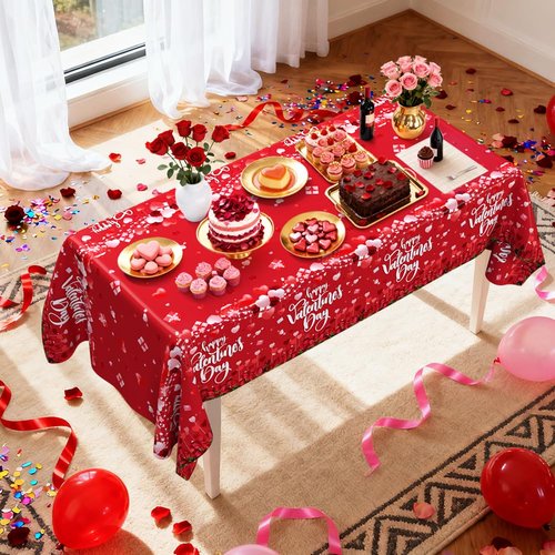 AIBIIN 3 Pieces Red Valentines Day Tablecloth Flower Happy Valentine's Day Decorations Disposable Party Supplies Valentines Day Party Plastic Table Cloth Disposable Table Covers 108 x 54 Inch