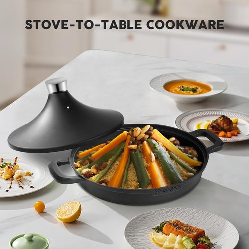 INSETFY Non-Stick Frying Pan/Skillet 11", 3QT Tagine Pan,Cast Aluminum Pans with Lid, Stove/Oven-to-Table Cookware, Dishwasher Safe& Compatible with All Stovetops（Black）