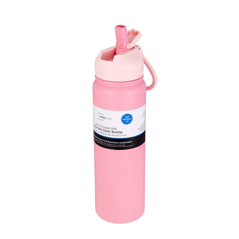 24 oz Pink Stainless Steel Insulated Water Bottle with Straw Lid