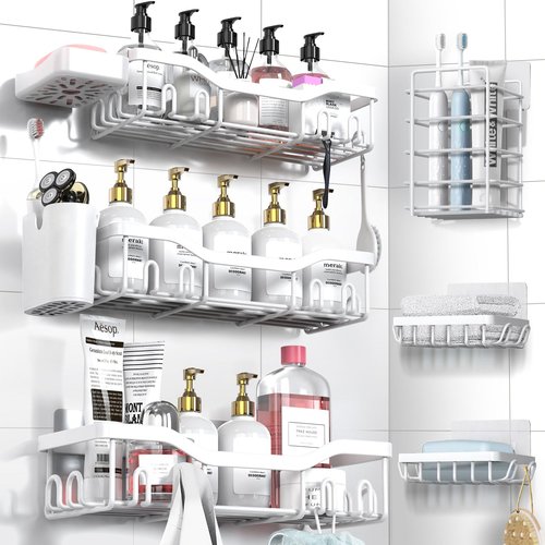NESOMI Shower Caddy Adhesive Shower Organizer 8-Pack, Rustproof Stainless Steel Bathroom Shelves, Large Capacity No-Drill Rack Storage Accessories with Soap Dish Toothbrush Holder Hooks