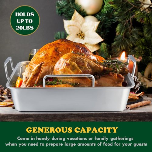 E-far Stainless Steel Roasting Pan - 16 x 11.5 Inch Turkey Roaster with V-Shaped Rack | Heavy Duty & Dishwasher Safe