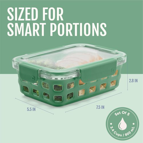 Ello Duraglass 3.4 Cup Meal Prep Sets 10Pc, 5 Pack Set- Glass Food Storage Container with Silicone Sleeve and Airtight BPA-Free Plastic Lids, Dishwasher, Microwave, and Freezer Safe, Olive Tree