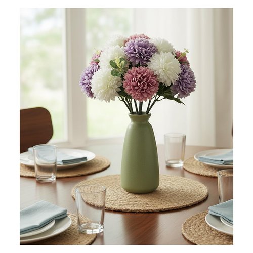 RUMEAVAO 15pcs Artificial Silk Mums Chrysanthemum Flowers with Faux Eucalyptus Stems, Fake Purple White Fuchsia Pompon Mums for Home Wedding Party Decor (12 Chrysanthemum & 3 Eucalyptus)