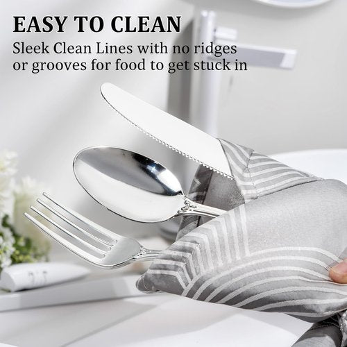 Joyido 300Pieces Silver Plastic Silverware - Heavy Duty Silver Disposable Utensils - Vintage Plastic Cutlery Set Includes 100 Forks, 100 Spoons, 100 Knives for Dinner Parties Weddings