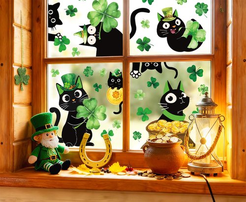 Whaline 6 Sheets St. Patrick' s Day Window Clings Black Cat Green Shamrock Clover Window Decal Reusable Anti-Collision Windows Decor for Irish Holiday Party Supplies