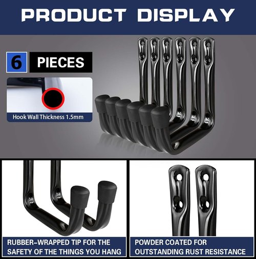 Dreecy J Heavy-Duty Utility Hooks - Black Garage Storage Solution | 6-Pack for Organizing