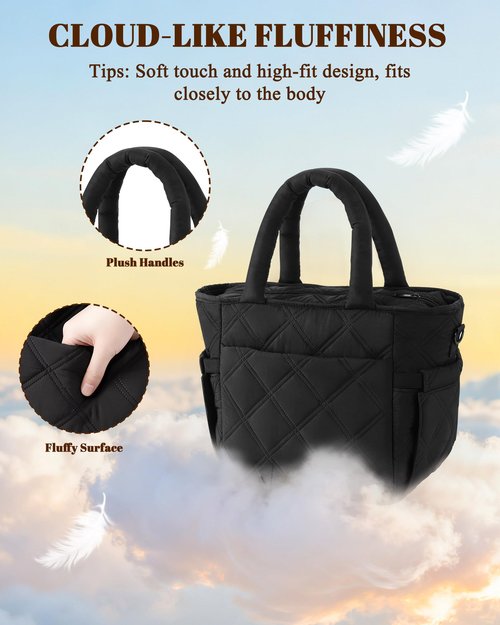 Afuosy Insulated Lunch Box for Women Men, Soft & Puffy Lunch Bag, Large Capacity Leakproof Reusable Tote Cooler Bag with 4 Pockets, Adjustable Strap, Ideal for Work, Outdoors, Picnic, Travel (Black)